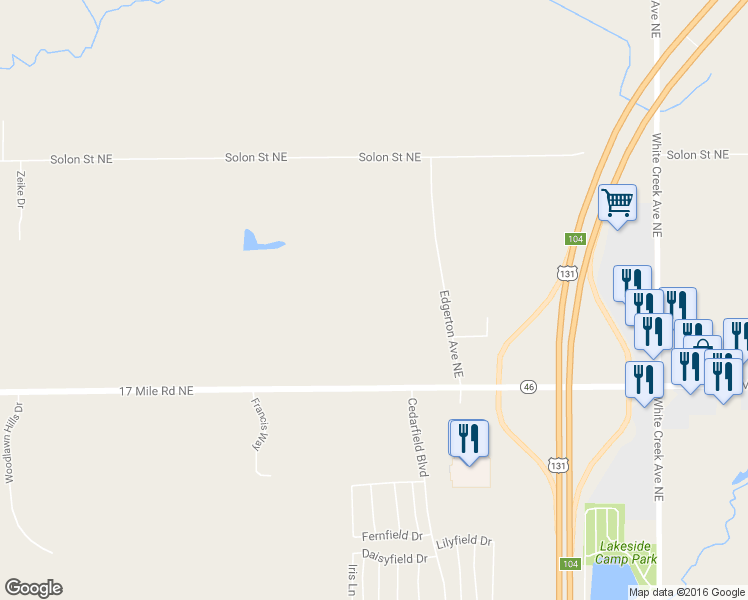 map of restaurants, bars, coffee shops, grocery stores, and more near 3565 17 Mile Road Northeast in Cedar Springs
