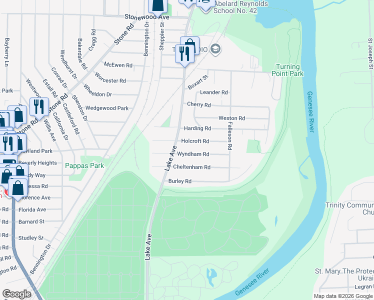 map of restaurants, bars, coffee shops, grocery stores, and more near 46 Wyndham Road in Rochester