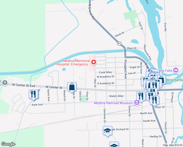 map of restaurants, bars, coffee shops, grocery stores, and more near 400 Ohio Street in Medina