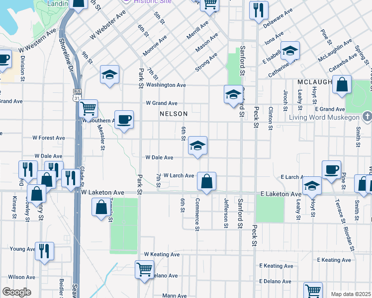 map of restaurants, bars, coffee shops, grocery stores, and more near 1648 6th Street in Muskegon
