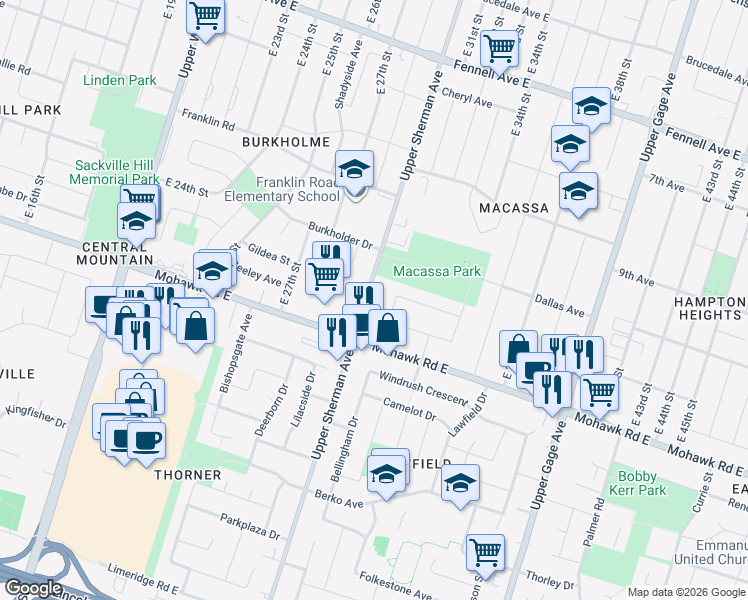 map of restaurants, bars, coffee shops, grocery stores, and more near 805 Upper Sherman Avenue in Hamilton