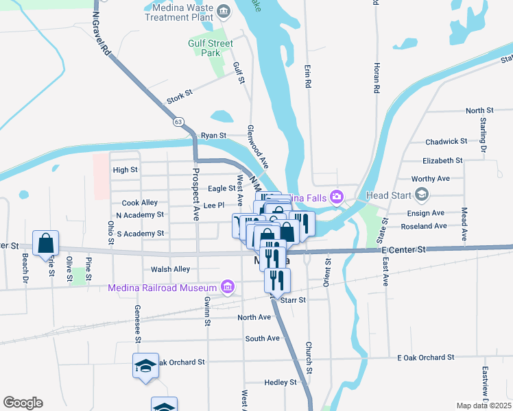 map of restaurants, bars, coffee shops, grocery stores, and more near 320 North Main Street in Medina