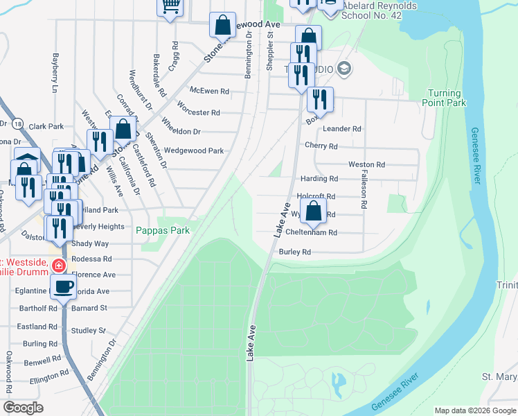 map of restaurants, bars, coffee shops, grocery stores, and more near 56 Wyndham Road West in Rochester