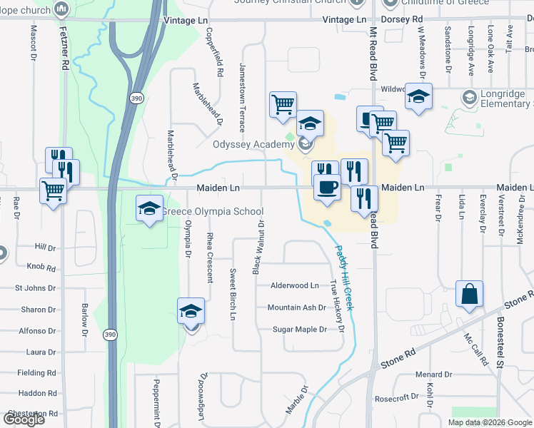 map of restaurants, bars, coffee shops, grocery stores, and more near 52 Black Walnut Drive in Rochester