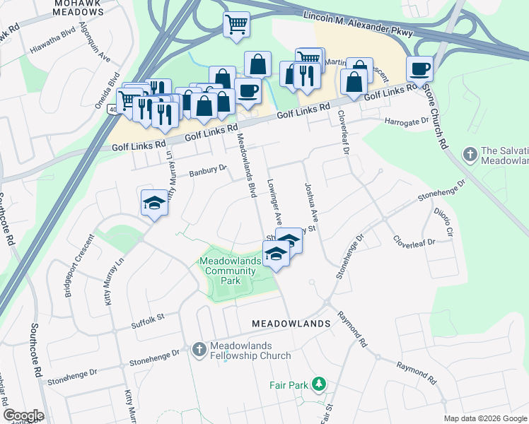 map of restaurants, bars, coffee shops, grocery stores, and more near 93 Meadowlands Boulevard in Hamilton