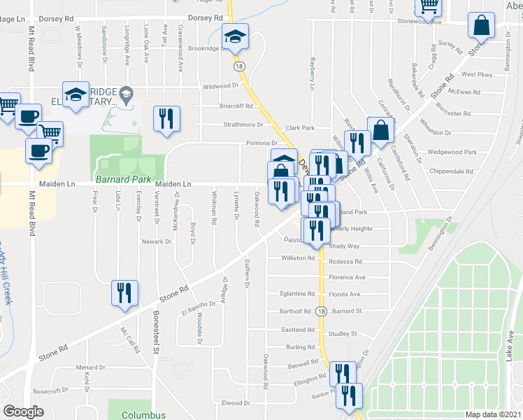 map of restaurants, bars, coffee shops, grocery stores, and more near 476 Oakwood Road in Rochester