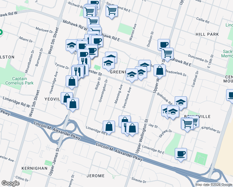 map of restaurants, bars, coffee shops, grocery stores, and more near 115 Manning Avenue in Hamilton