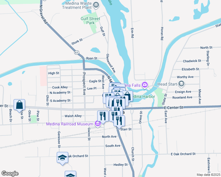 map of restaurants, bars, coffee shops, grocery stores, and more near 320 North Main Street in Medina