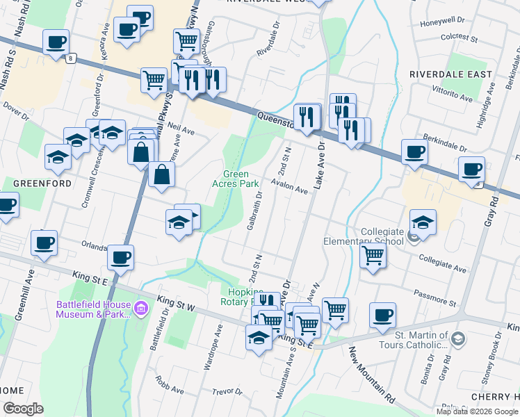 map of restaurants, bars, coffee shops, grocery stores, and more near 57 Galbraith Drive in Hamilton