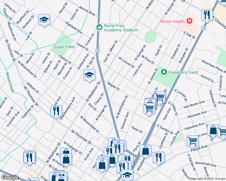 map of restaurants, bars, coffee shops, grocery stores, and more near 811 North George Street in Rome