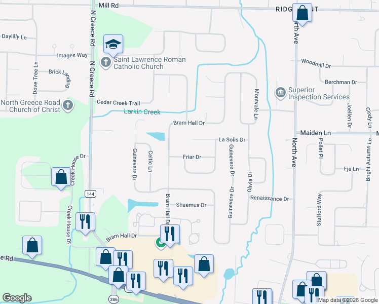 map of restaurants, bars, coffee shops, grocery stores, and more near 116 Friar Drive in Rochester