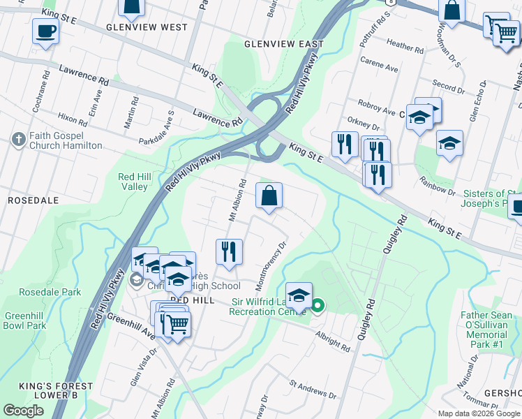 map of restaurants, bars, coffee shops, grocery stores, and more near 280 Montmorency Drive in Hamilton