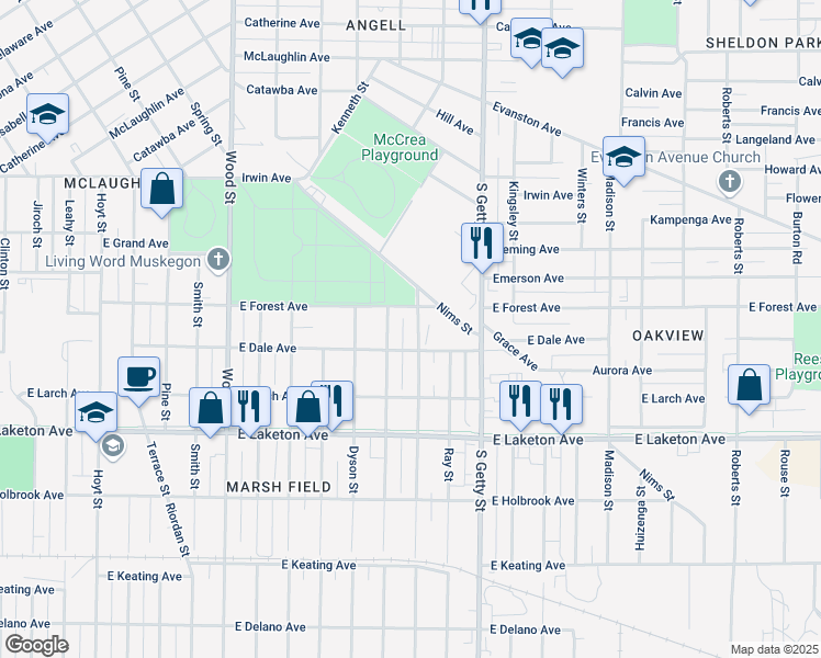 map of restaurants, bars, coffee shops, grocery stores, and more near 1633 Superior Street in Muskegon