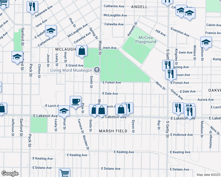 map of restaurants, bars, coffee shops, grocery stores, and more near 1639 Mc Ilwraith Street in Muskegon