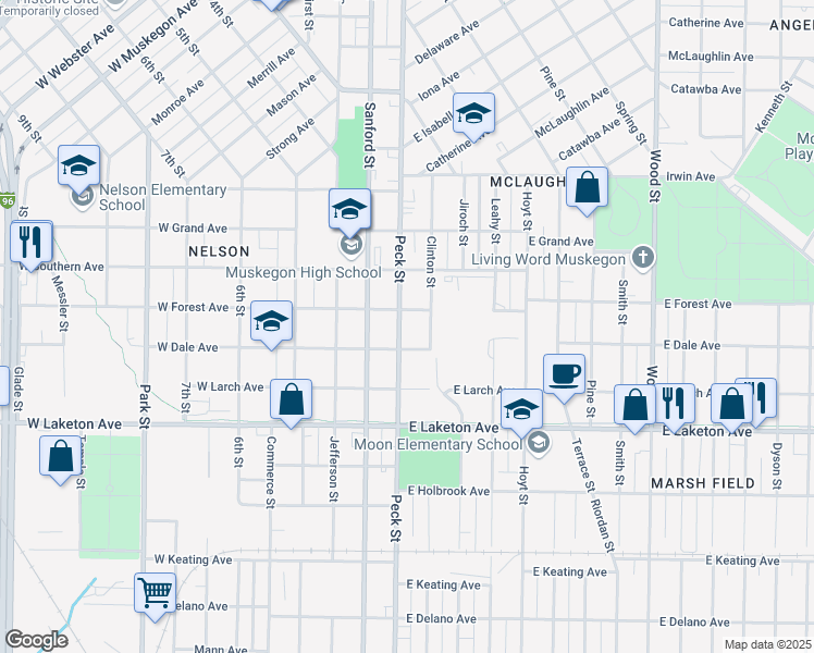 map of restaurants, bars, coffee shops, grocery stores, and more near 1652 Peck Street in Muskegon