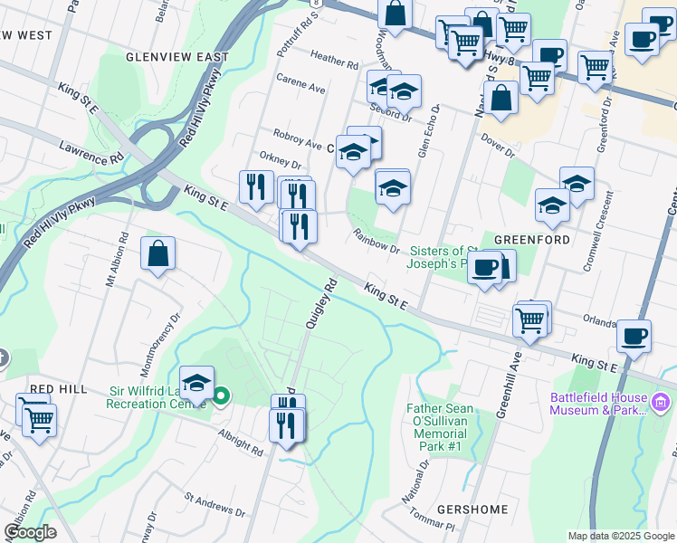 map of restaurants, bars, coffee shops, grocery stores, and more near King St E & Quigley Rd in Hamilton