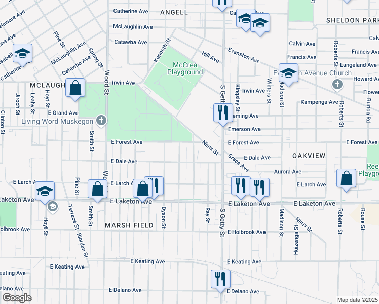 map of restaurants, bars, coffee shops, grocery stores, and more near 1633 Superior Street in Muskegon