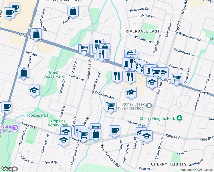 map of restaurants, bars, coffee shops, grocery stores, and more near 23 Burwell Avenue in Hamilton