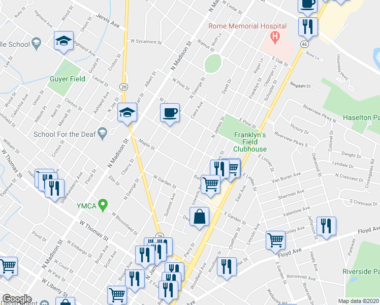 map of restaurants, bars, coffee shops, grocery stores, and more near 107 1/2 West Linden Street in Rome