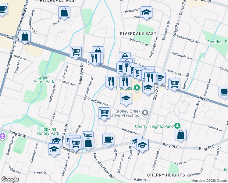 map of restaurants, bars, coffee shops, grocery stores, and more near 34 Dale Avenue in Hamilton