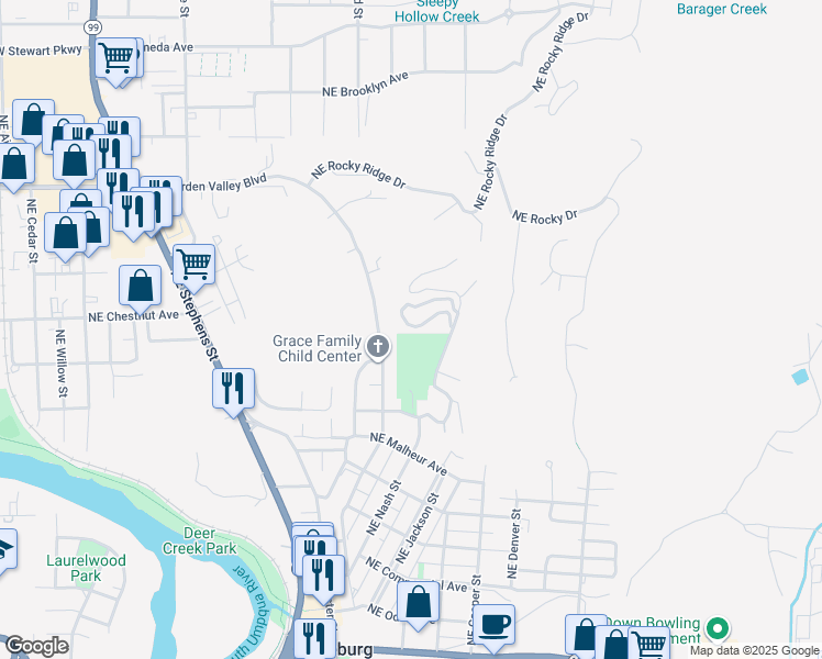 map of restaurants, bars, coffee shops, grocery stores, and more near 1187 Northeast Lincoln Street in Roseburg
