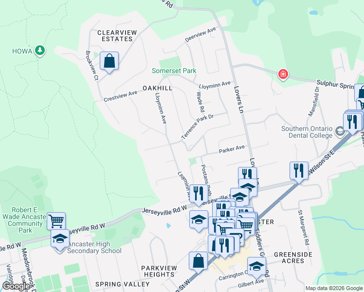 map of restaurants, bars, coffee shops, grocery stores, and more near 126 McGregor Crescent in Hamilton