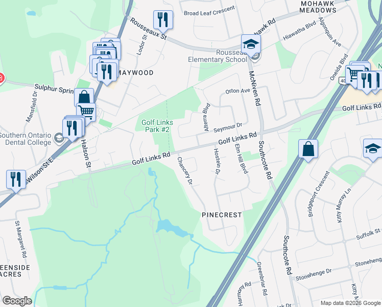 map of restaurants, bars, coffee shops, grocery stores, and more near 27 Peppertree Crescent in Hamilton