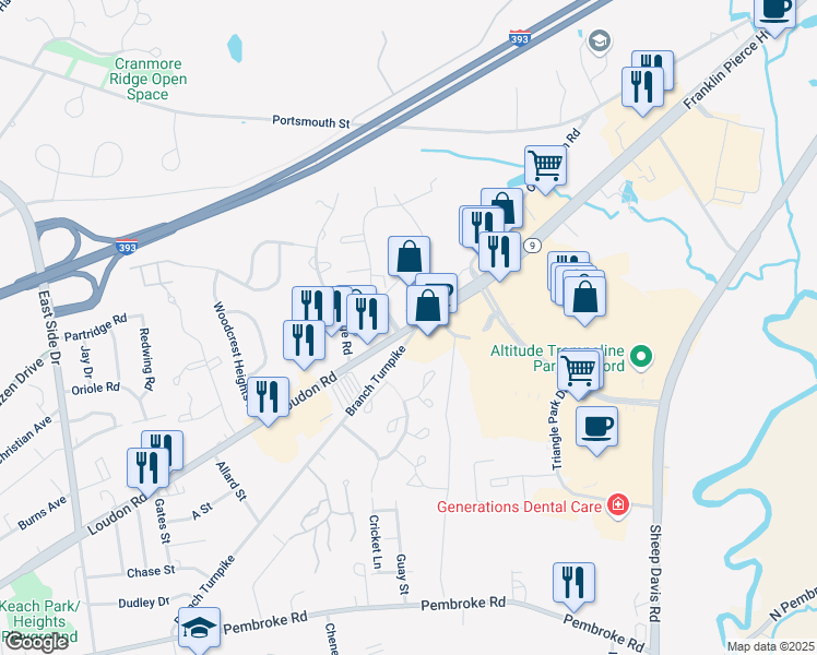 map of restaurants, bars, coffee shops, grocery stores, and more near Loudon Road in Concord