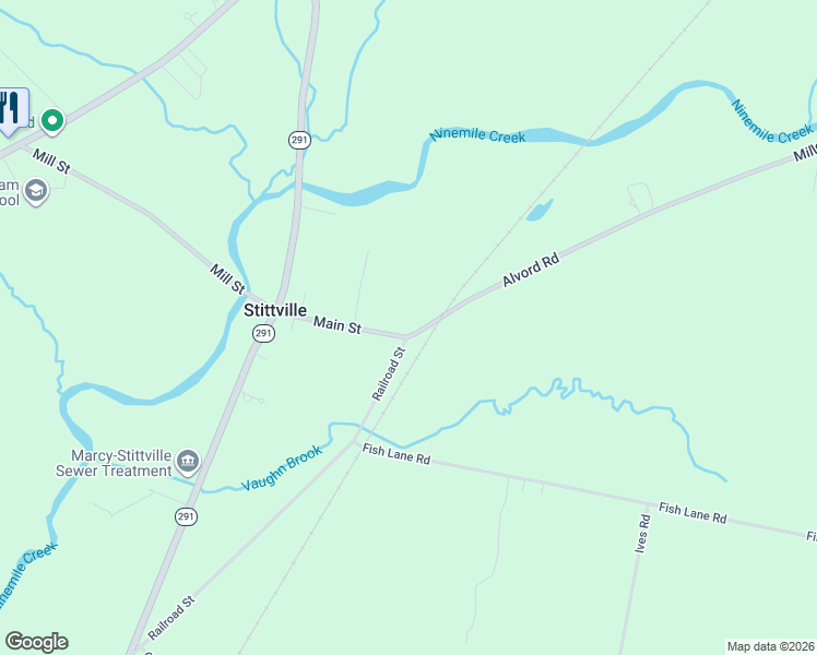 map of restaurants, bars, coffee shops, grocery stores, and more near 9129 Main Street in Stittville