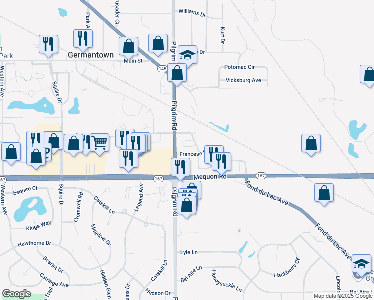 map of restaurants, bars, coffee shops, grocery stores, and more near N113W15566 Francese Drive in Germantown