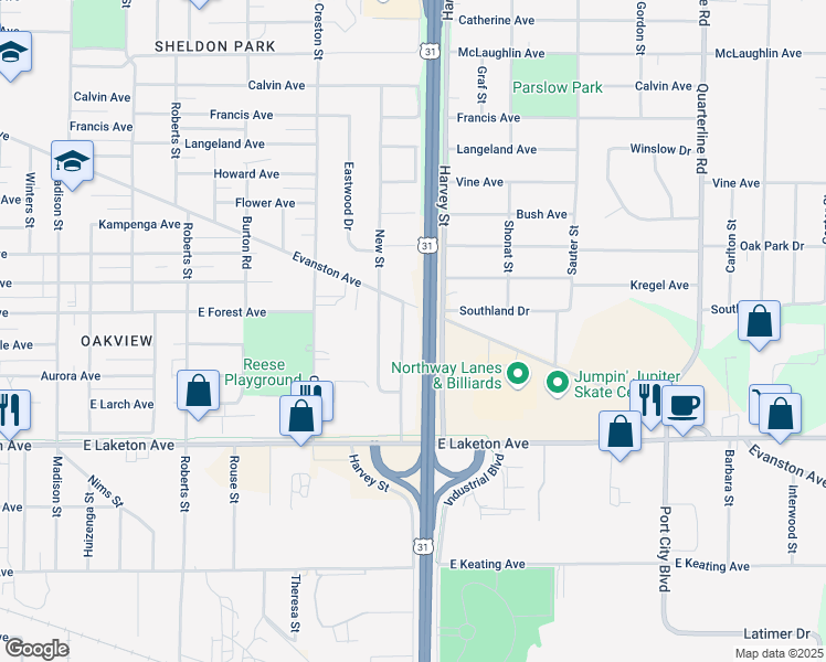 map of restaurants, bars, coffee shops, grocery stores, and more near 1636 Broadmoor Street in Muskegon
