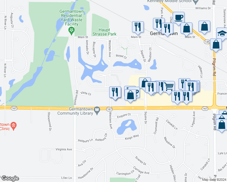 map of restaurants, bars, coffee shops, grocery stores, and more near 11278 Western Avenue in Germantown