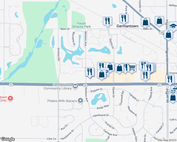 map of restaurants, bars, coffee shops, grocery stores, and more near W168N11294 Western Avenue in Germantown