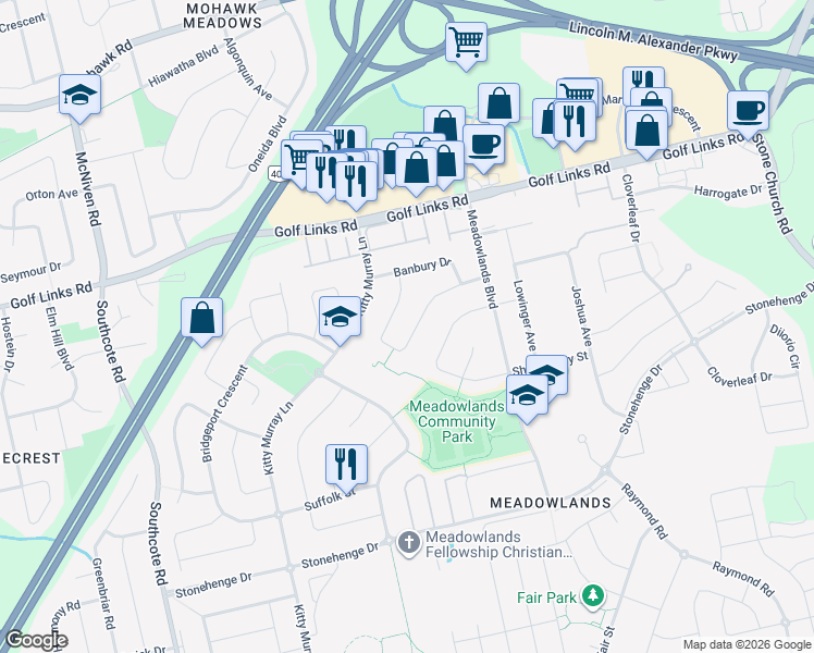 map of restaurants, bars, coffee shops, grocery stores, and more near 65 Springfield Boulevard in Hamilton