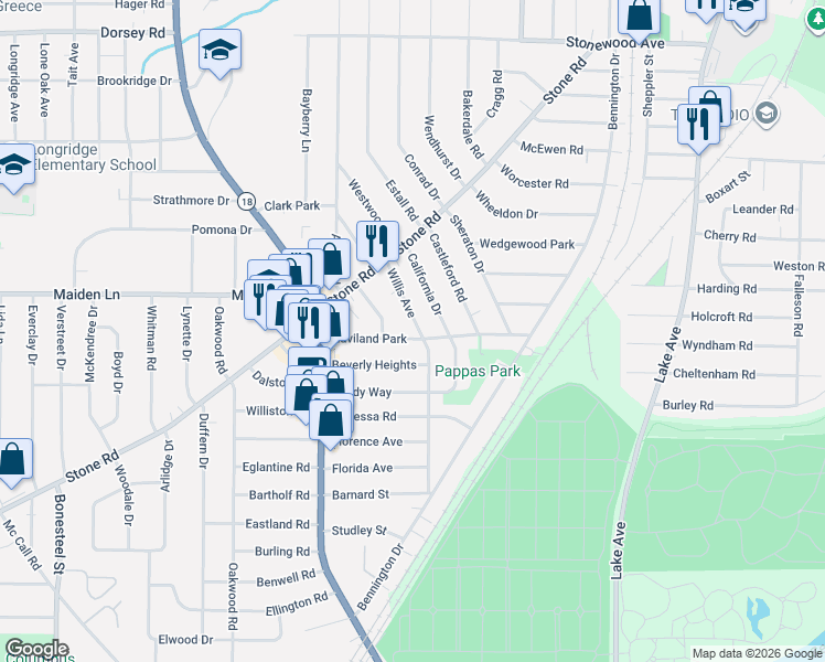 map of restaurants, bars, coffee shops, grocery stores, and more near 215 Willis Avenue in Rochester