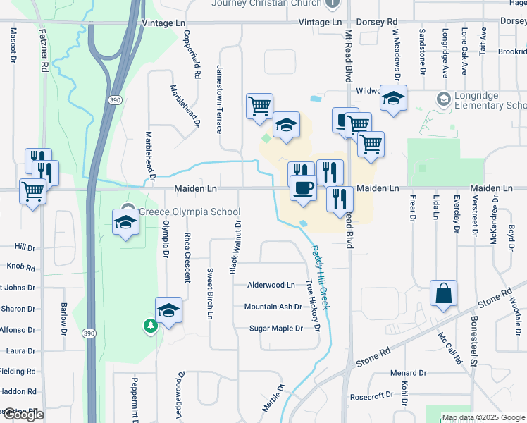 map of restaurants, bars, coffee shops, grocery stores, and more near 749 Maiden Lane in Rochester