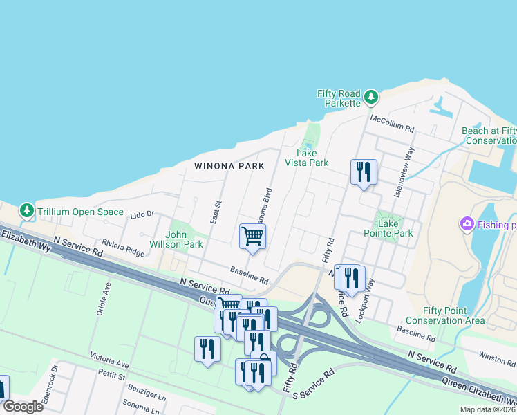 map of restaurants, bars, coffee shops, grocery stores, and more near 41 Creanona Boulevard in Hamilton