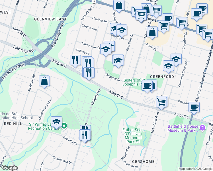map of restaurants, bars, coffee shops, grocery stores, and more near 2641 King Street East in Hamilton