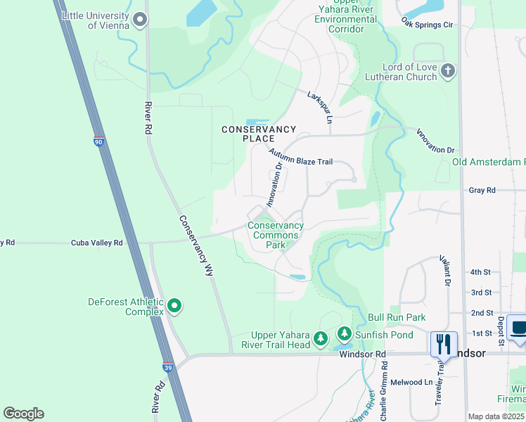 map of restaurants, bars, coffee shops, grocery stores, and more near 4848 Innovation Drive in DeForest