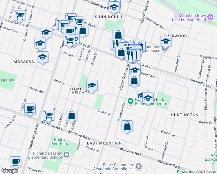 map of restaurants, bars, coffee shops, grocery stores, and more near 79 Castlefield Drive in Hamilton