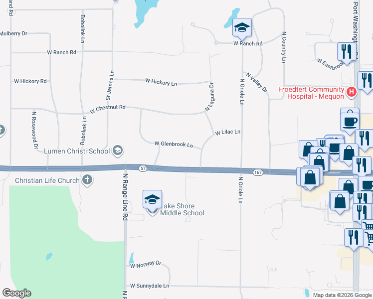 map of restaurants, bars, coffee shops, grocery stores, and more near 2311 West Glenbrook Lane in Mequon