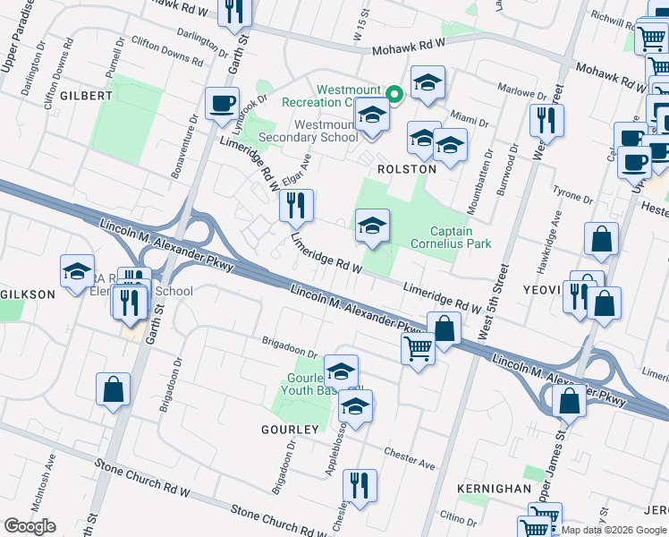 map of restaurants, bars, coffee shops, grocery stores, and more near 263 Limeridge Road West in Hamilton