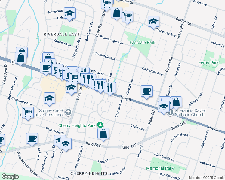 map of restaurants, bars, coffee shops, grocery stores, and more near 139 150 Gateshead Crescent in Hamilton