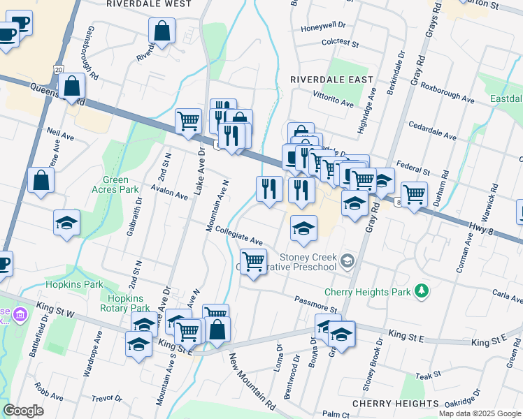 map of restaurants, bars, coffee shops, grocery stores, and more near 23 Burwell Avenue in Hamilton