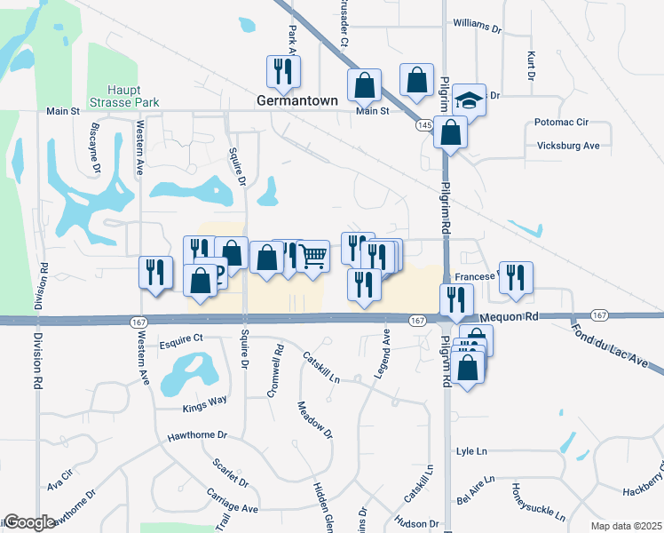 map of restaurants, bars, coffee shops, grocery stores, and more near N114W16045 Sylvan Circle in Germantown