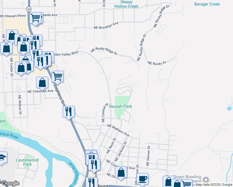 map of restaurants, bars, coffee shops, grocery stores, and more near 13 Northeast Spyglass Loop in Roseburg