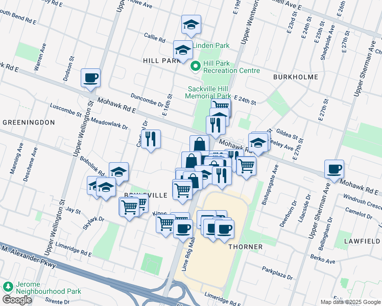 map of restaurants, bars, coffee shops, grocery stores, and more near 110 Fieldway Drive in Hamilton