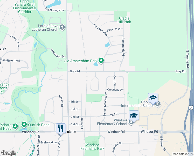 map of restaurants, bars, coffee shops, grocery stores, and more near 6902 Parkside Circle in Windsor