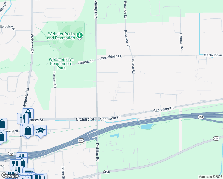 map of restaurants, bars, coffee shops, grocery stores, and more near 800 Phillips Road in Webster