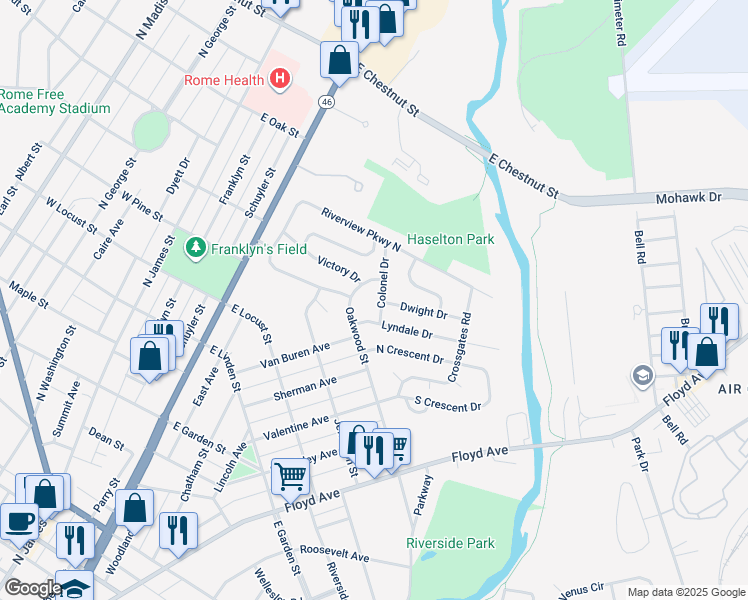 map of restaurants, bars, coffee shops, grocery stores, and more near 111 Lyndale Drive in Rome